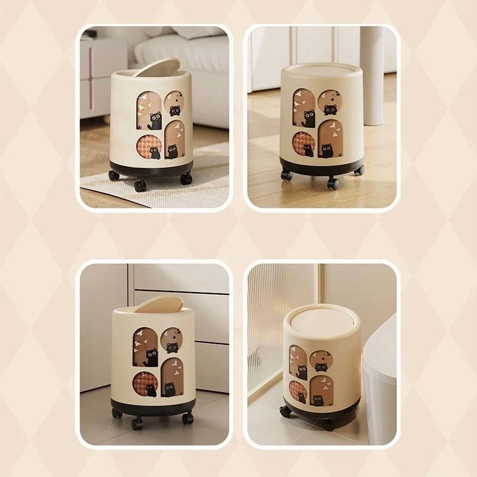 DFS 12L Compact Trash Can with Lid and Wheels, Space Saving Cat Design Trash Bin with Odor Control for Home, Bathroom, Office