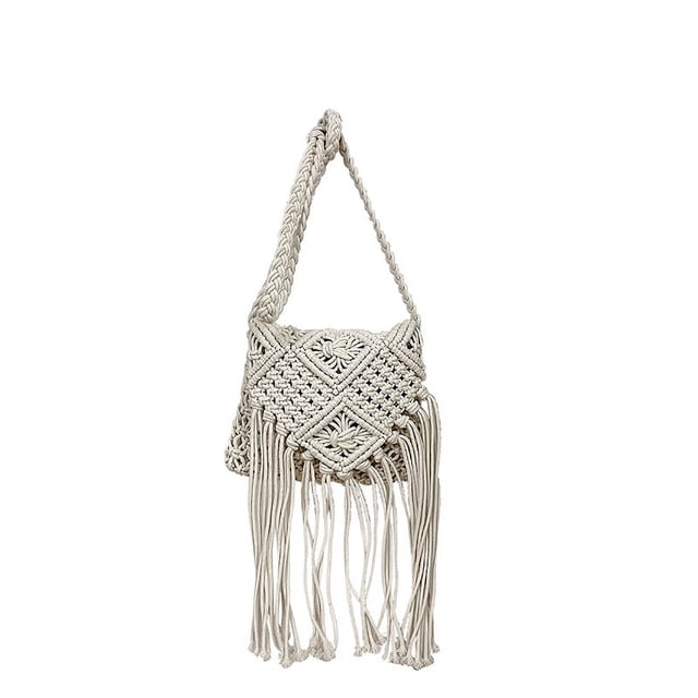 Bolso Playa Tejido Bohemio Con Bandolera Ganchillo para Mujer Borla Diario Verano Color Sólido