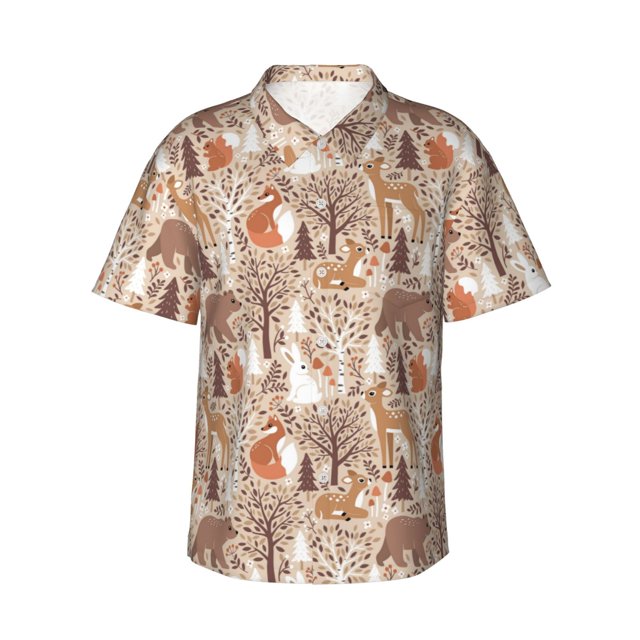 Balery Woodland Animals in Neutral Tones Camisas hawaianas de manga corta para hombre, camisas playeras de corte holgado, camisas de vacaciones con botones,Medium