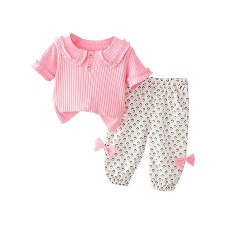 

ZRBYWB Toddler Girl Clothes Top Pants 2 Piece Floral Bow Pants Ribbed Lapel Top Set For 6M To 5Y Baby Clothes