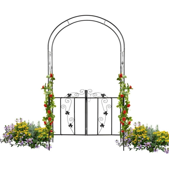 Metal Garden Arch with Gate - Garden Arbor with Gate, Garden Arbor Trellis w/Door for Climbing Plants, Rose, Vine, Wedding, Garden Trellis Arch for Outdoor, Lawn, Backyard, 7'H X 3.6'W, Black