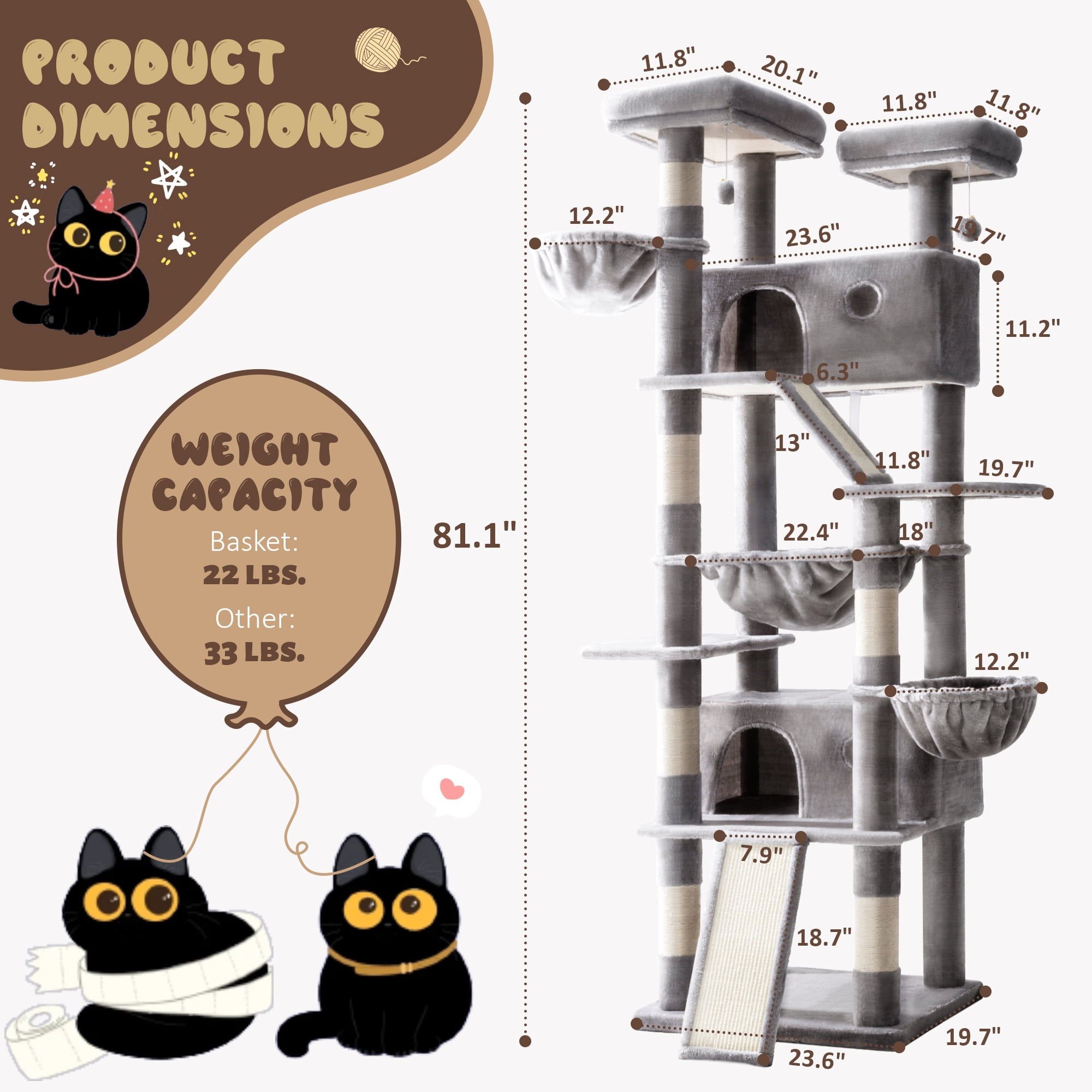 Amolife 81" Large Cat Tree Tower for Large Cats with Cat Condo Hammock, 2 Scratching Ramps, 6 Scratching Posts, Grey