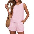 thumbnail image 3 of Laqbezok Women's 2-Piece Linen Cotton Set, Casual Sleeveless Striped Tank Top and Shorts with Pockets, Loose Fit Summer Beach Outfits Loungewear, 3 of 6