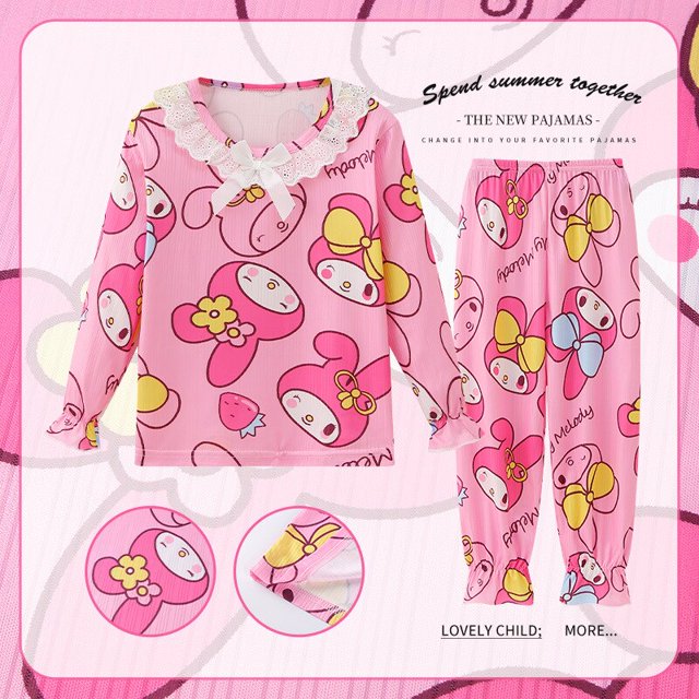 Pijama de Anime Sanrio Cinnamoroll Kuromi My Melody para niños, cárdigan informal de manga larga con cuello vuelto, ropa de dormir para niñas, primavera y verano
