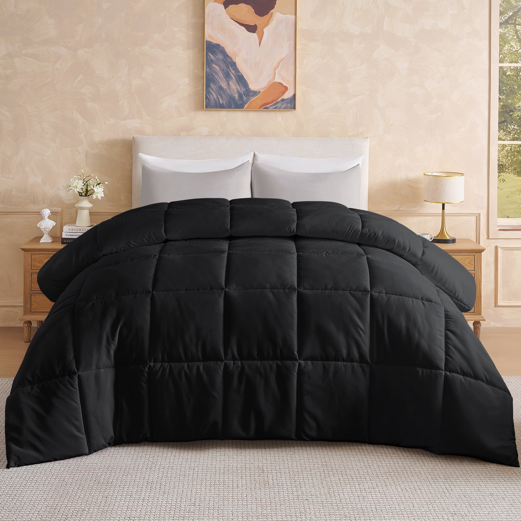 Aquzin Comforter Full Size, All Season Quilted Down Alternative Duvet Insert with Corner Tabs, Machine Washable Microfiber Bedding, Black