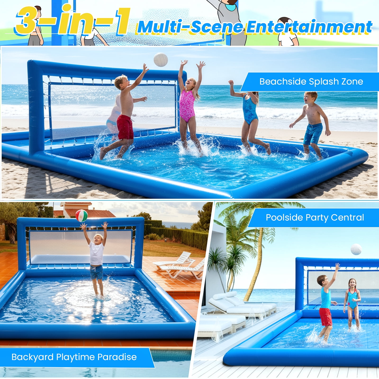 TRYSET 33x16.5x7FT Inflatable Volleyball Pool Court with 800W Air Pump, Commercial PVC Outdoor Water Game for Backyard Beach & Family Fun