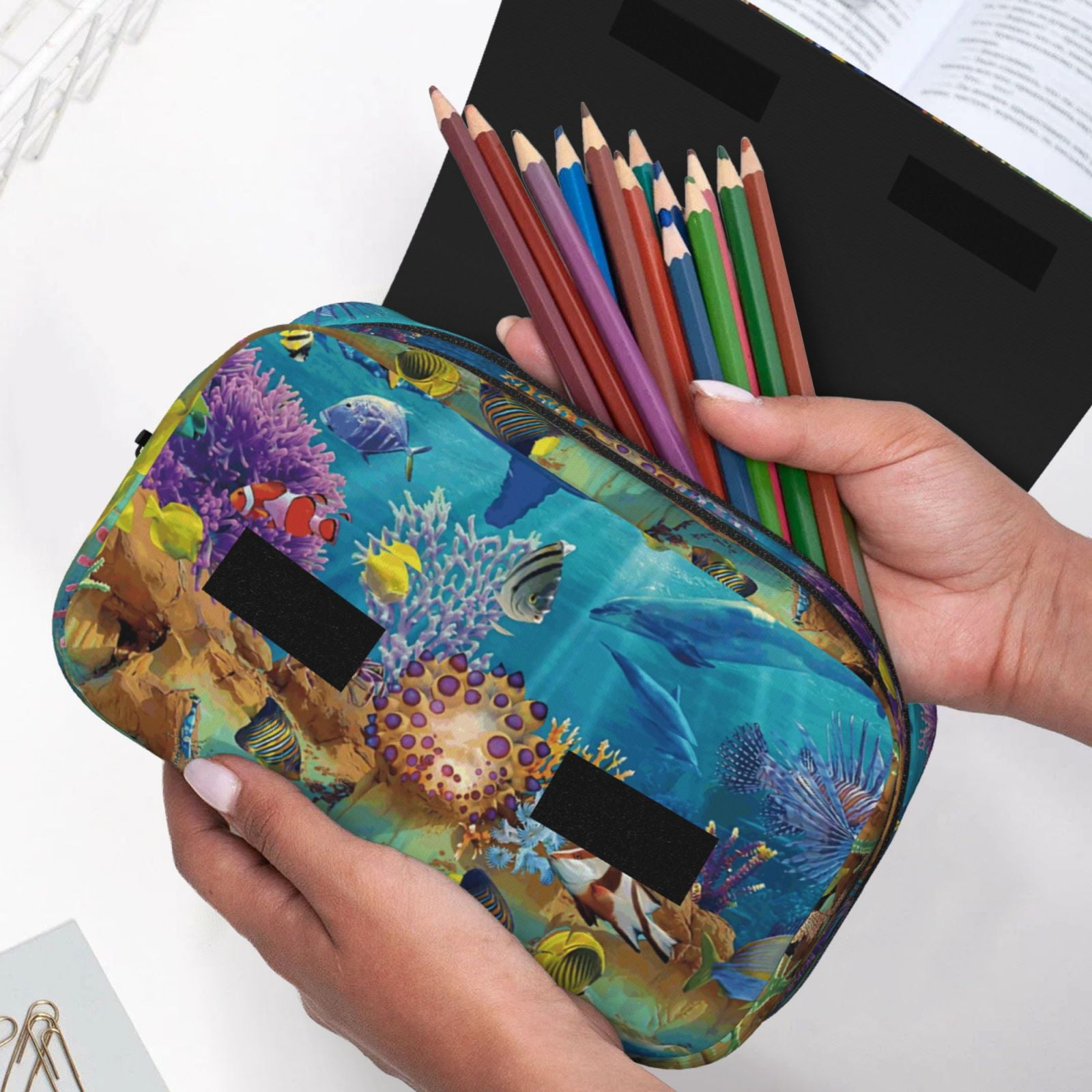Rateoe Sea World Pattern Double Clamshell Pen Case, Storage Organizer with Two Zipper Compartments– Holds Up to 50 Pencils & Pens