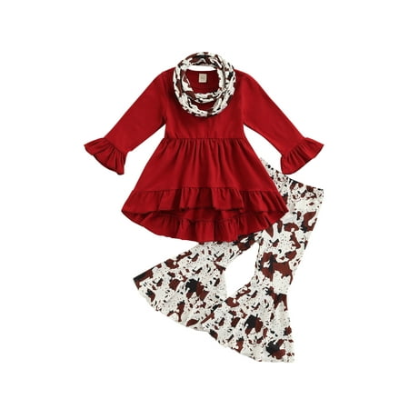 

xingqing Toddler Baby Girl Outfits Ruffle Long Sleeve Solid Color Dress Tops Cow Bell Bottom Flared Pants Scarf Clothes Set Wine Red 2-3 Years
