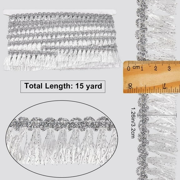 15yards 15Yds Silver Metallic Fringe Tassel Trim Glitter Lace Trim Ribbon with Tassel 1-1/4 inch(32mm) Wide Edging Trimming for Sewing Crafts Clothing Curtain Tablecloth Skirt