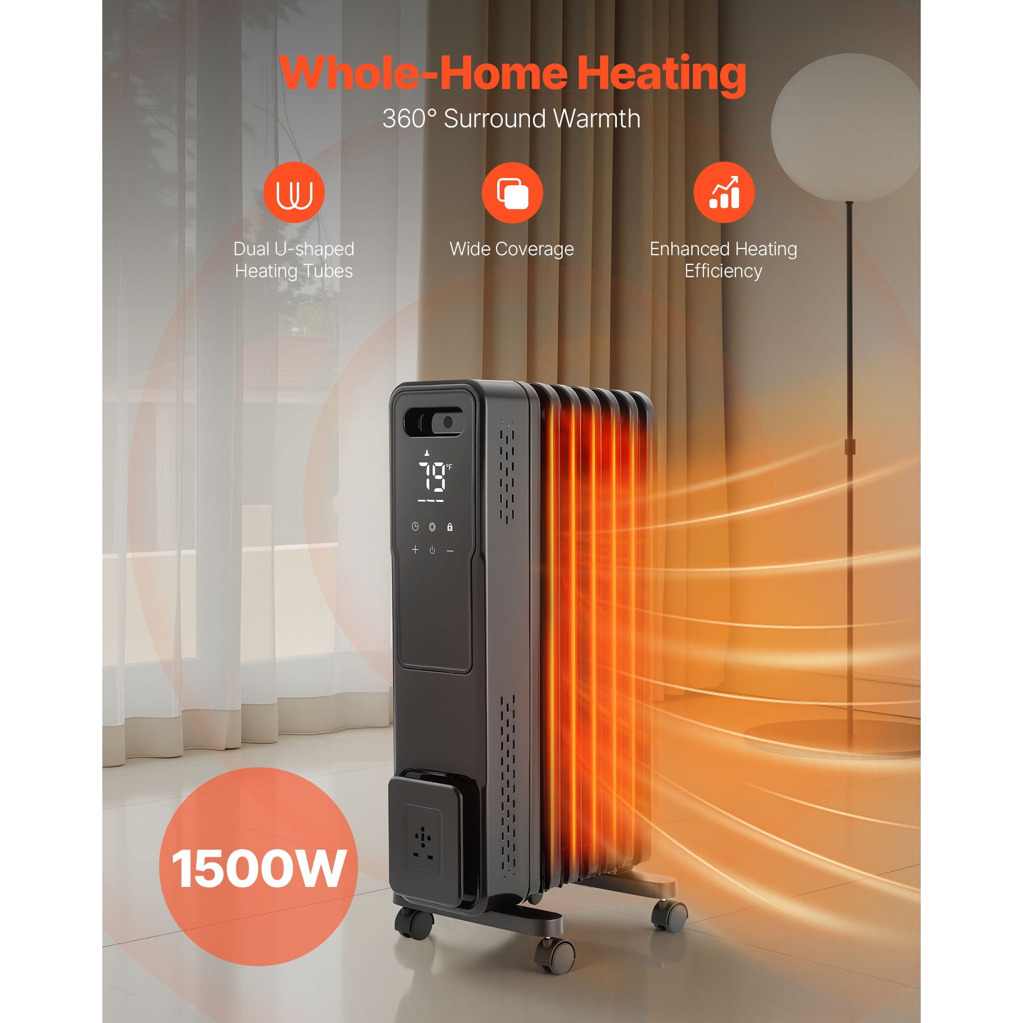 KFFKFF Electric Oil-Filled Radiator, 1500W Space Heater with Dual U-Shaped Heating Elements, Safety Features, Adjustable Heat Levels, 24-Hour Timer, Wheels for Mobility, Remote Control, Black