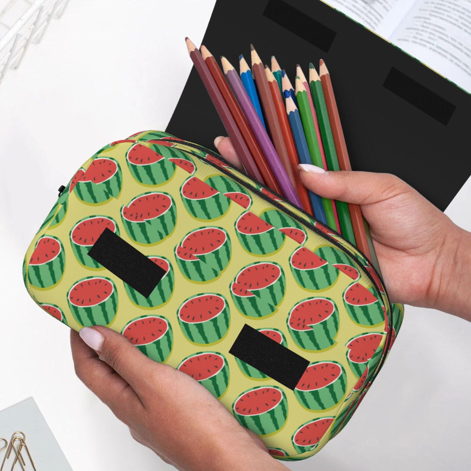 Rateoe Summer Watermelon Pattern Double Clamshell Pen Case, Storage Organizer with Two Zipper Compartments– Holds Up to 50 Pencils & Pens