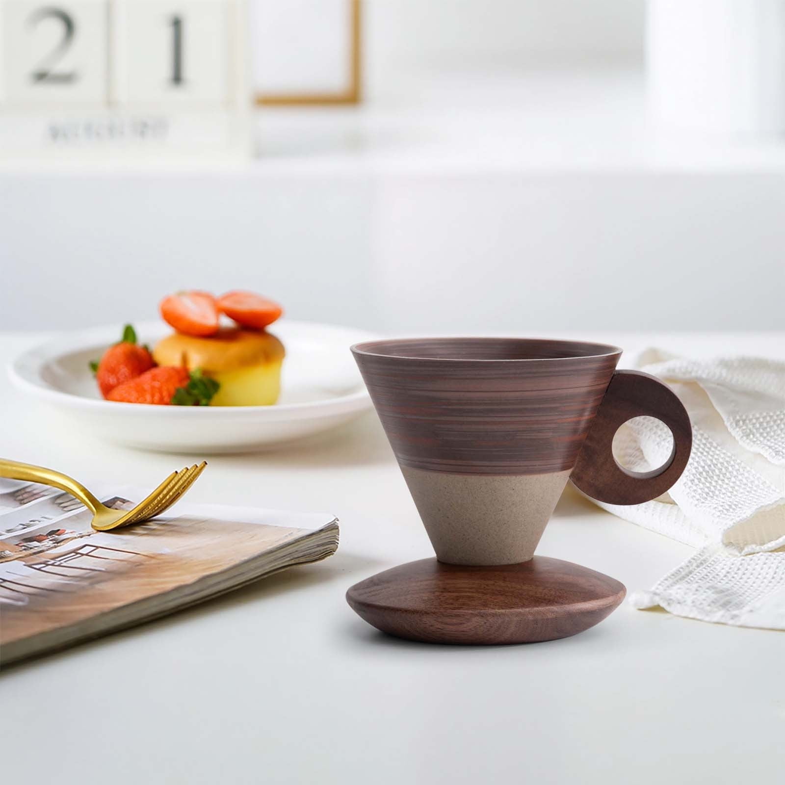 Elegant Conical Ceramic Coffee Cup with Solid Wood Base, Vintage Coarse Pottery Funnel-Shaped Mug for Home, Handcrafted Heat-Resistant Tea Coffee Cup, Pour-Over Espresso Brewing Mug, 200ml