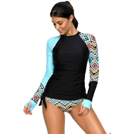 Women's UPF 50+ 2 Piece Rash Guard Long Sleeve Padded Front Zipper  Swimsuits Swim Shirt with Bottom Short Built in Bra -XL