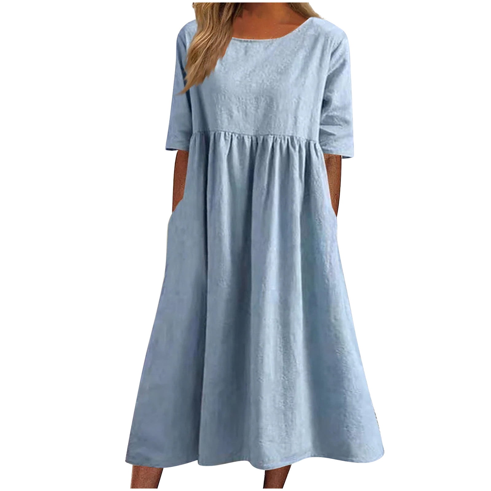OVBMPZD Round Neck Casual Dress Women Solid Loose Half Sleeve Swing ...