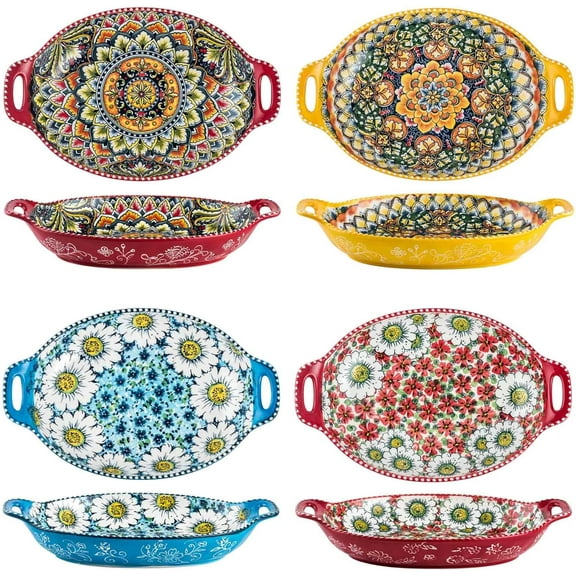 Porcelain Pasta Bowls Set of 4, 32 oz Colorful Salad Bowls with Handle, Ceramic Large Bohemian Serving Dishes for Dinner, Steak, Fruit, Microwave & Dishwasher Safe