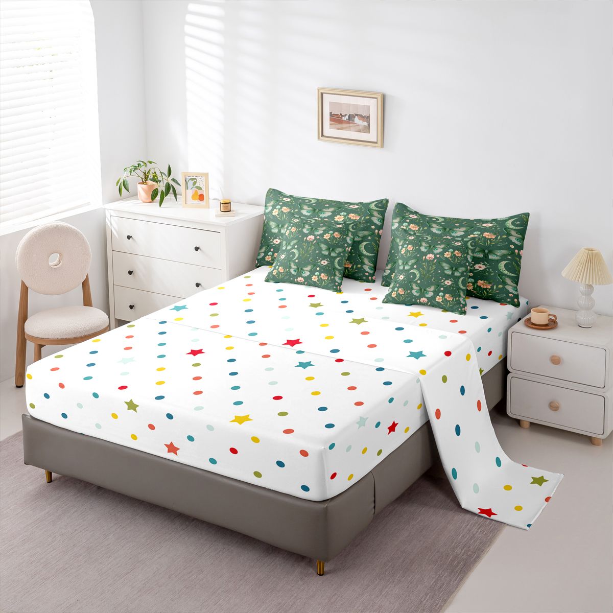 Homewish Green Butterflies 7-Piece Twin Bedding Sets for Boys Girls,Chic Flowers Bedding Comforter Set,Spring Graden Breathable Sheet Sets,Microfiber Bedroom Decor,Reversible