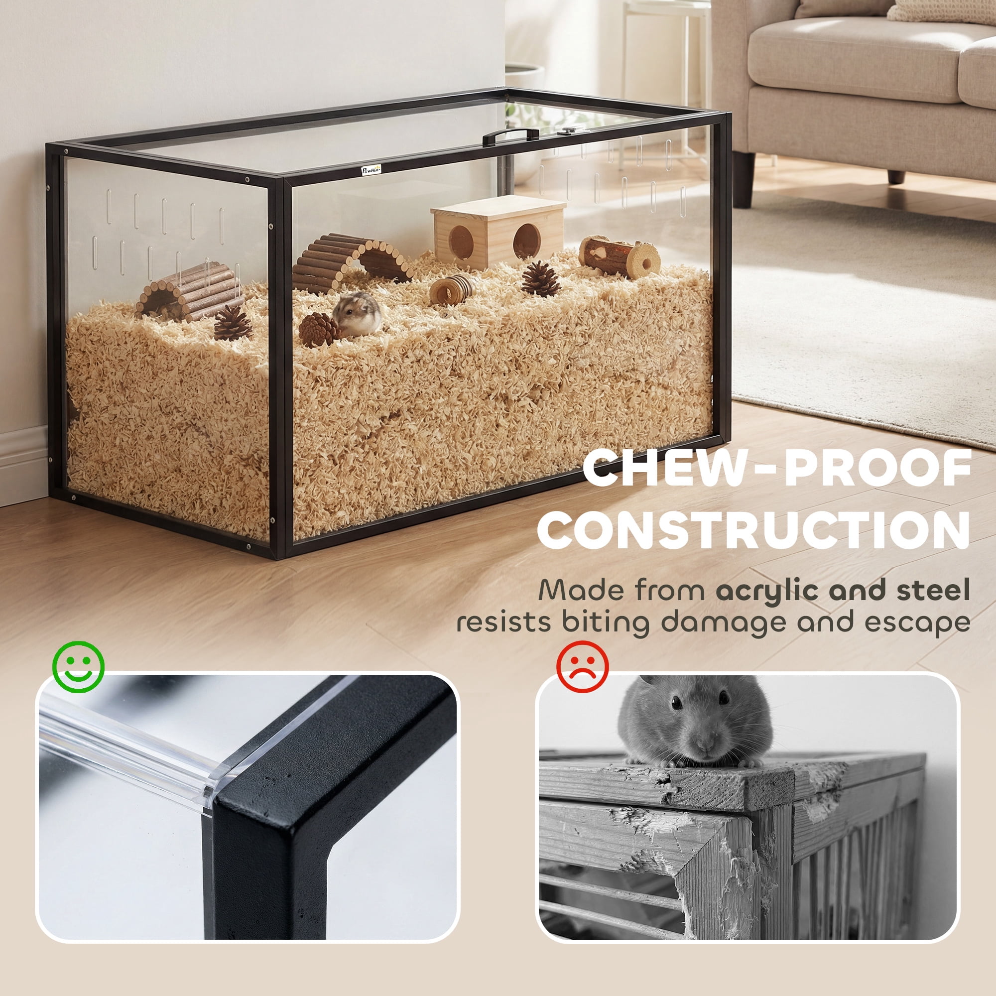 PawHut Large Acrylic Hamster Cage, Chewproof Guinea Pig Cage, Transparent Mice and Gerbil Habitat with Openable Top, for Hedgehog, Dwarf Hamster, Rat