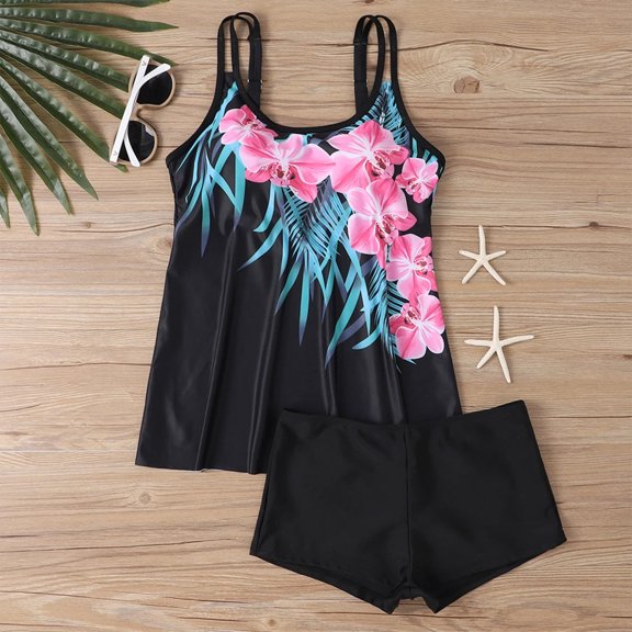 Brnmxoke Women Tankini Swimsuits 2 Piece Solid Color Tummy Control Blouson Tank Bathing Suit with Pocket Boyshorts Athletic Swimwear Outfits with Bras Black,L