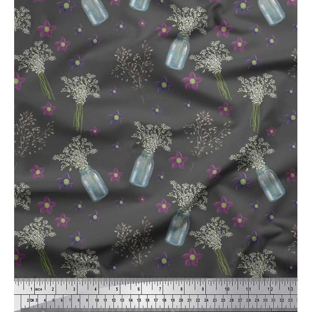 Soimoi Gray Heavy Canvas Fabric Bottle vase & clematis Floral Printed Craft Fabric by the Yard 58 Inch Wide