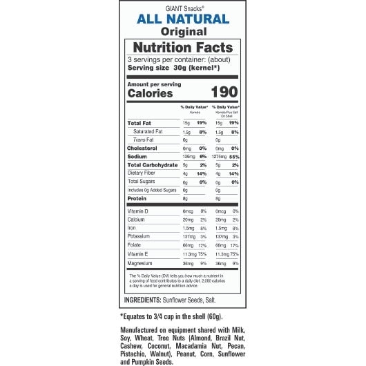 Giants Original Roasted and Salted Sunflower Seed Snacks, 5.75 Ounce -- 24 per case.