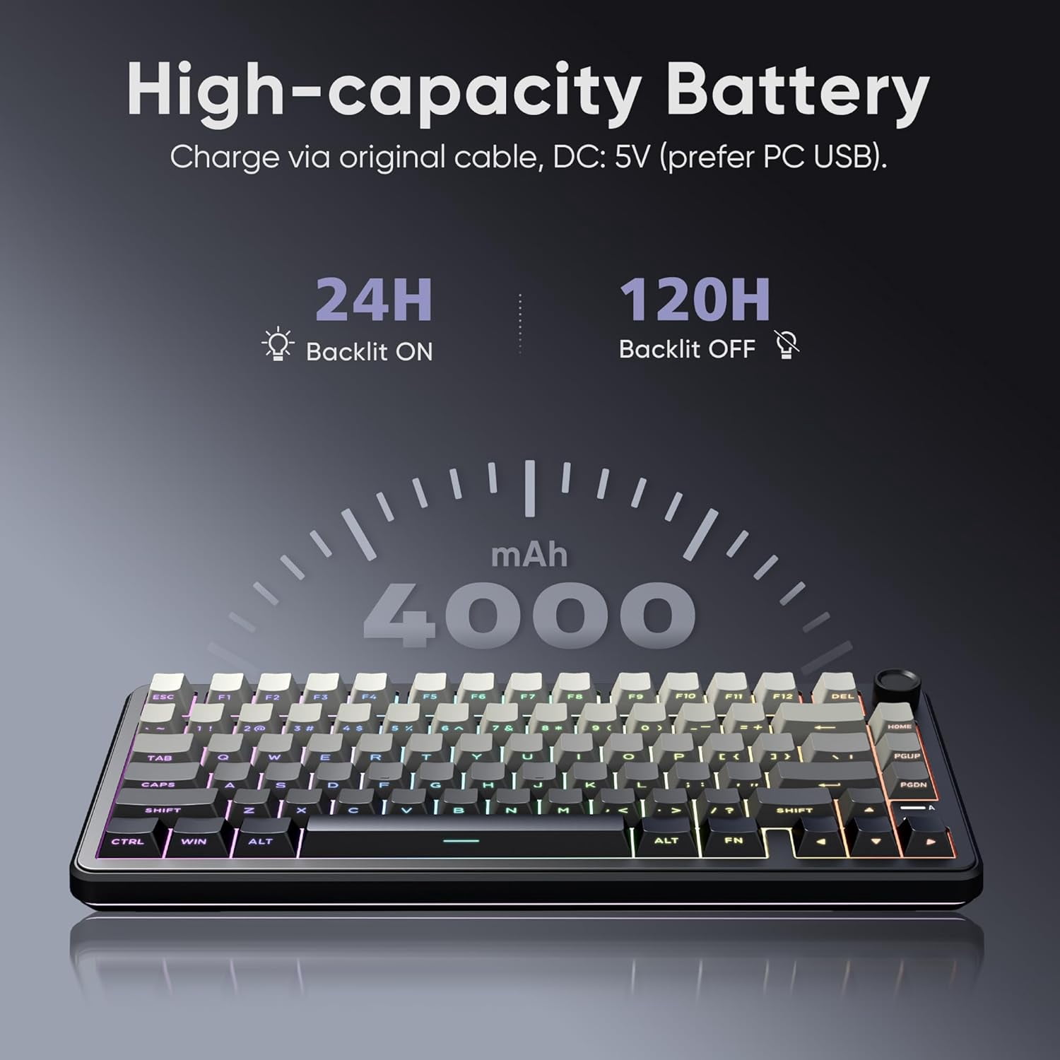 Hot Swappable 75% Wireless Mechanical Gaming Keyboard with Knob, RGB Backlit, Linear Switches, Side Engraved PBT Keycaps, Wireless/Wired/BT 5.0, Gradient Gray