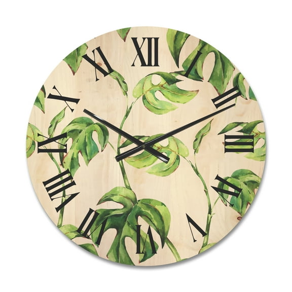 Designart 'Ancient Floral Tropical Leaves II' Tropical Wood Wall Clock