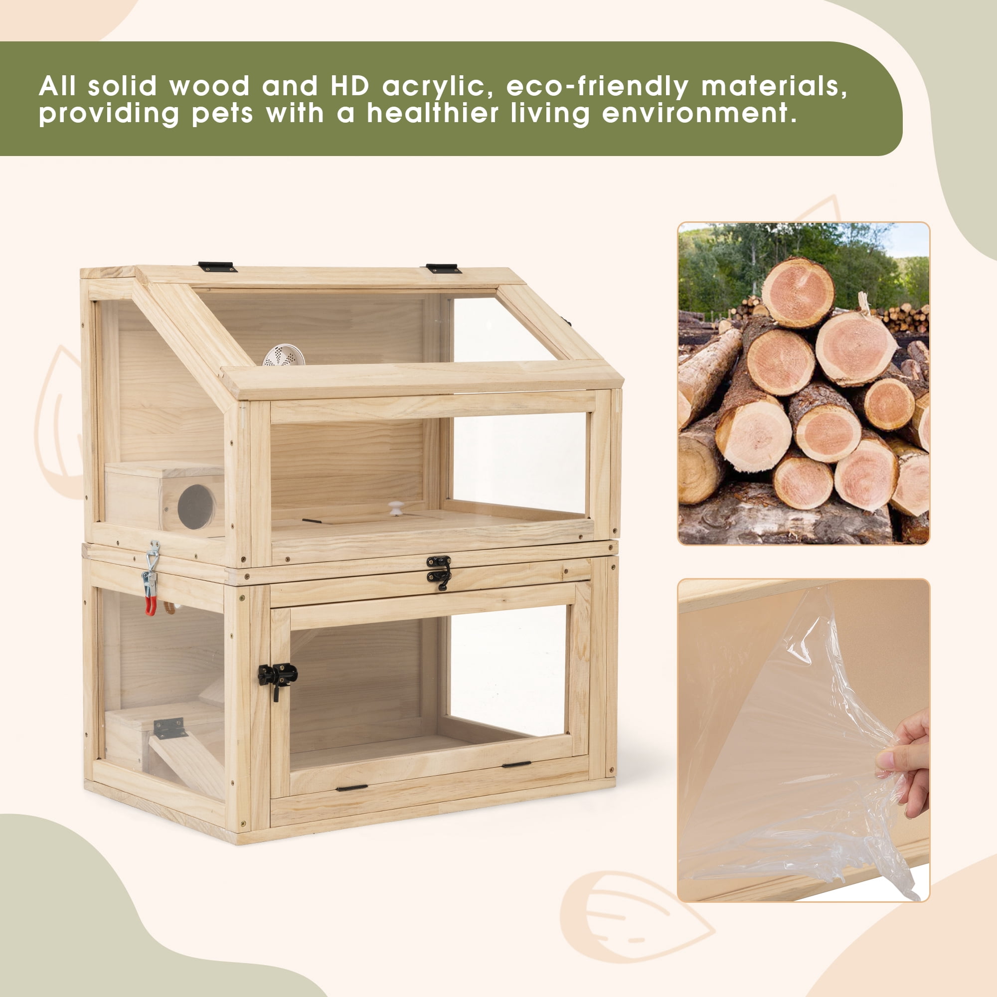 COZIWOW 2-Tiers Wood Hamster Cage with Hideouts, Ramps, Acrylic Window, Door Access for Small Animals, Natural