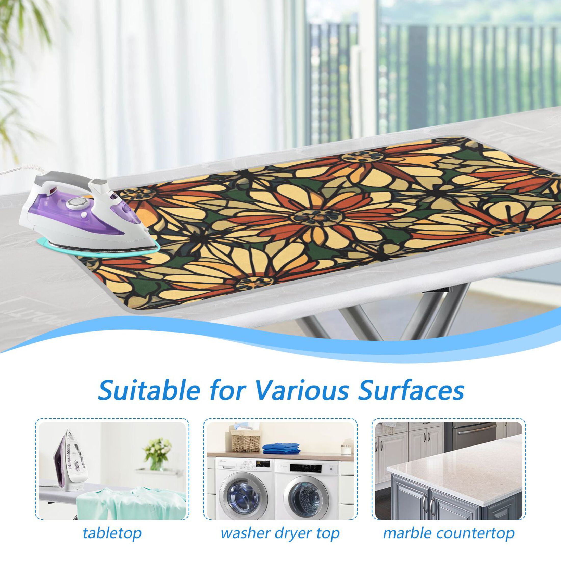 Patterns Of Stained Glass Flowers Ironing Mat Blanket for Table Top Travel Portable Ironing Board Pad 47.2x27.6 Inch