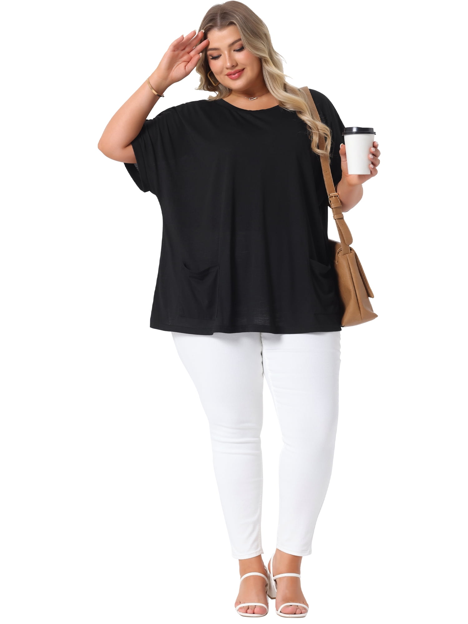DARING DIVA Women's Plus Crew Neck Loose Fit T Shirt with Pocket Casual 1X Black