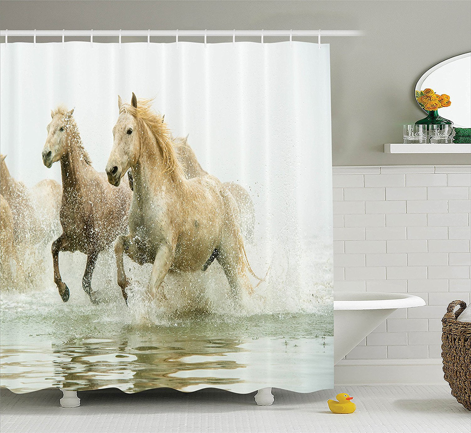 Animal Decor Aquarium Background Sticker Camargue Horses in The Water Ancient Oldest Breed in Southern France Origin Artful Photo PVC Fish Tank Background Adhesive White Beige 