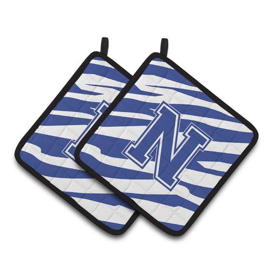 Caroline's Treasures Monogram Initial N Tiger Stripe Blue and White Pair of Pot Holders