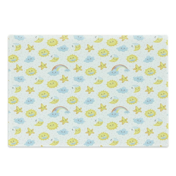 Moon Cutting Board, Happy Smiling Moon and Stars Morning and Night Rainbows Funny Clouds, Decorative Tempered Glass Cutting and Serving Board, Large Size, Pale Blue Yellow Pink, by Ambesonne