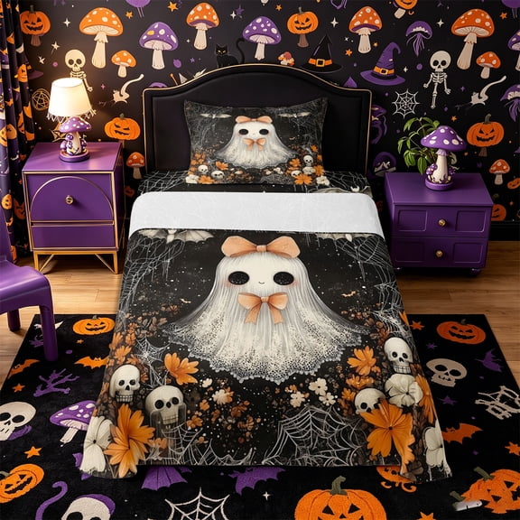 Manfei Halloween Cute Bow Ghost Twin Sheets 3pcs, Sugar Skull Bat Flower Bedding, Black Orange White,1 Fitted Sheet, 1 Flat Sheet and 1 Pillowcase