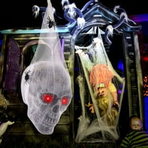 Loyerfyivos Halloween Outdoor Skull Decorations,Halloween Hanging Skeleton Spooky Voice Activated Decor with LED Red Eyes Spider for Halloween Party Haunted House Props Yard Indoor Outside Decorations