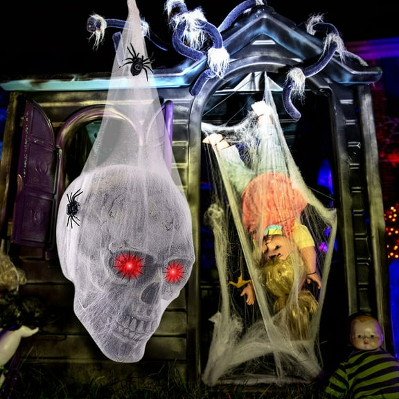 Loyerfyivos Halloween Outdoor Skull Decorations,Halloween Hanging Skeleton Spooky Voice Activated Decor with LED Red Eyes Spider for Halloween Party Haunted House Props Yard Indoor Outside Decorations