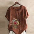 thumbnail image 1 of DTBPRQ - Camisas de lino para mujer, blusa bordada de algodón y lino, manga corta, estilo bohemio mexicano, camiseta informal, 1 of 4