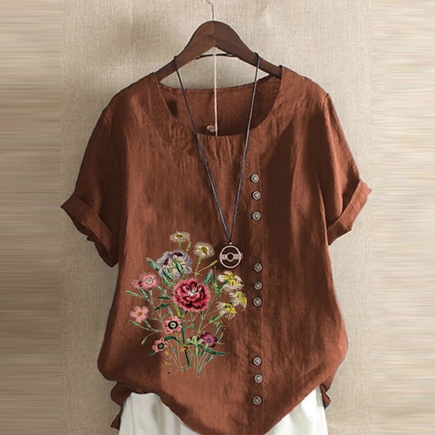 DTBPRQ - Camisas de lino para mujer, blusa bordada de algodón y lino, manga corta, estilo bohemio mexicano, camiseta informal