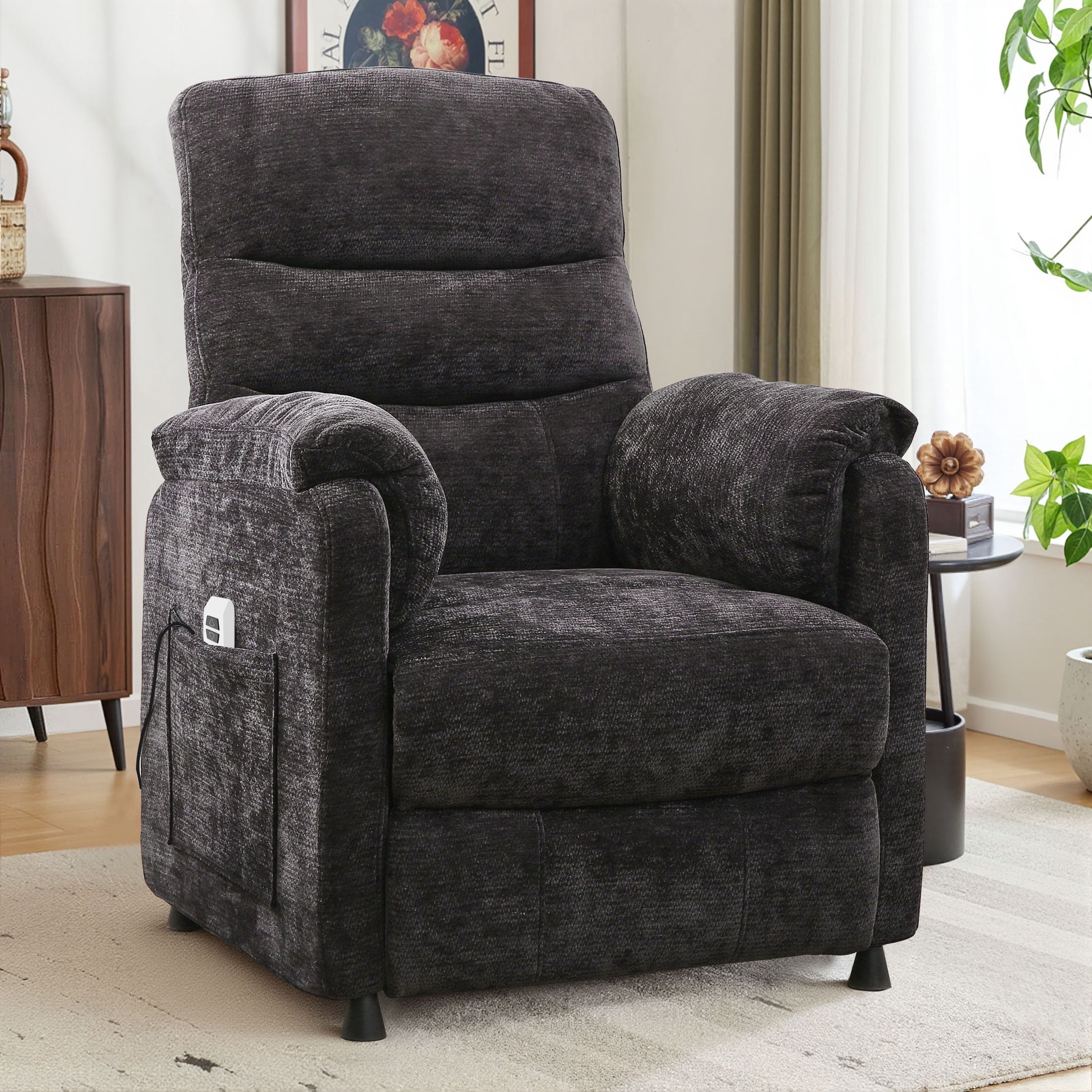 Electric Power Recliner Chair, Modern Chenille Fabric Recliner with Side Pocket & Remote, Nursery Recliner Chair for Living Room Small Space, Black
