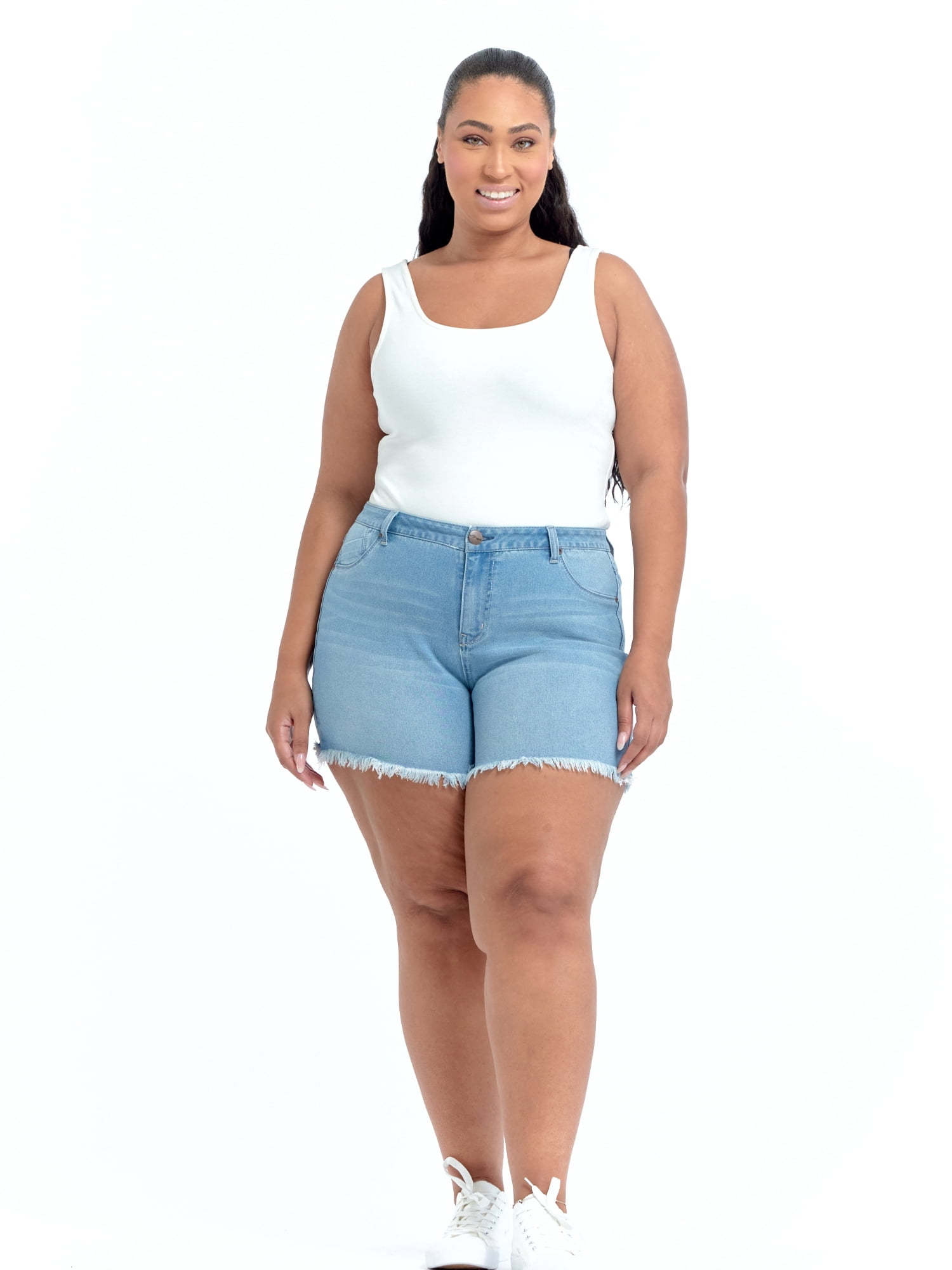 A3Denim Women's Plus Size Raw Edge Denim Shorts, 5" Inseam, Sizes 16W-24W
