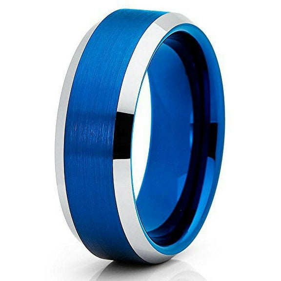 8mm Blue Brushed Tungsten Carbide Ring High Polished Silver Beveled Edges Wedding Bandding Band (6)