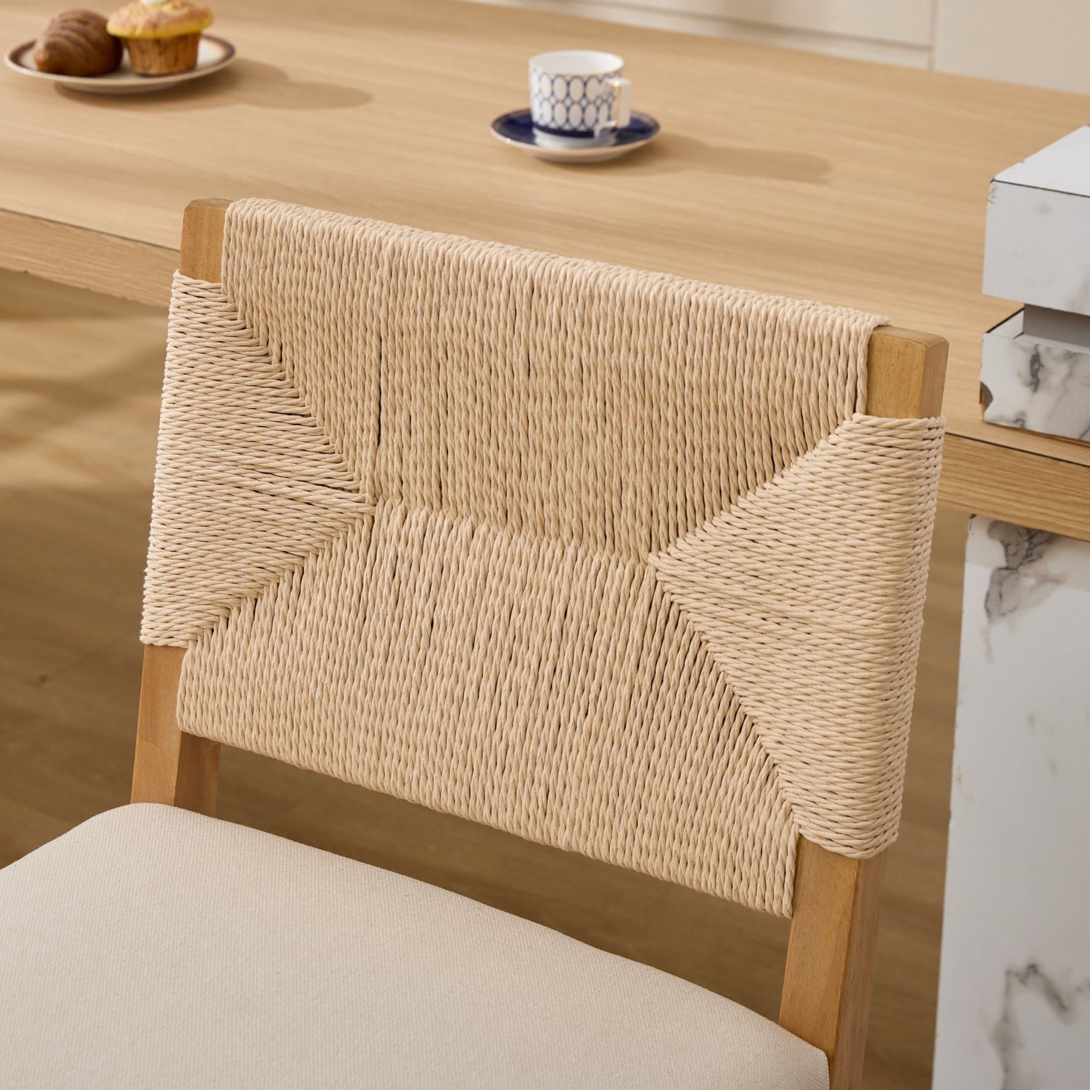 GDF Studio 38.6" Counter Height Bar Stools Set of 2 with Hand-Woven Rattan Back, Linen Upholstery, Beige