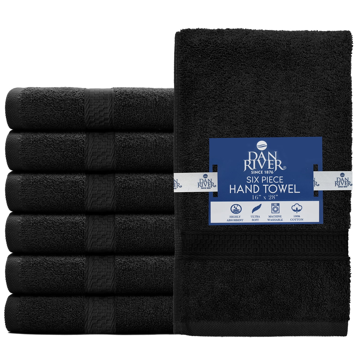 Dan River Hand Towel pack of 6 Quick Dry And Absorbent Cotton Towels for Bathroom - Black 16x28in
