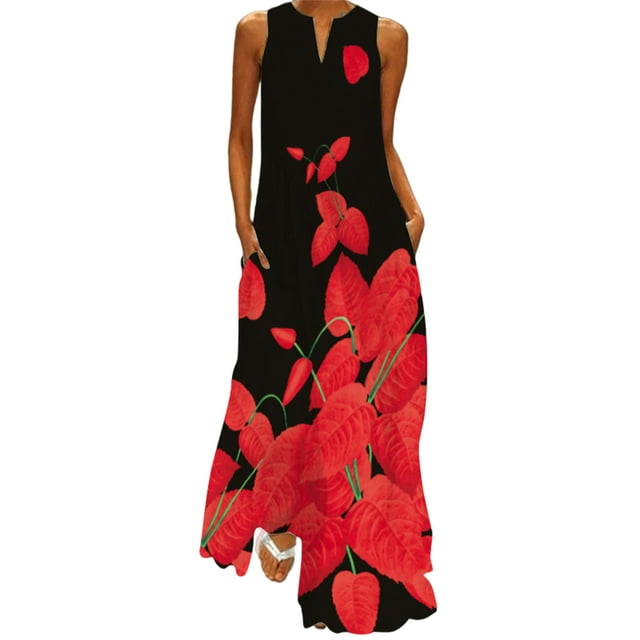 Bellella Robe Longue Maxi pour Femmes, Robe Débardeur à Col en V, Imprimé Floral, Robe d'Été de Plage, Ample, Sans Manches, Style de Fête, B 5TG