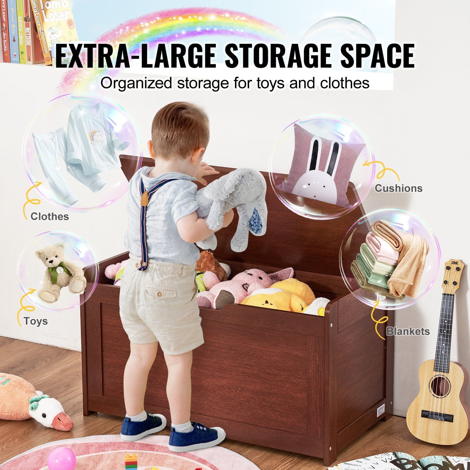 Wooden Toy Chest for Kids, Toddler Toy Storage Box with Flip-Top Lid and Safety Hinge, Large Kids Storage Bench for Playroom, Bedroom, Living Room or Entryway, Cherry Finish