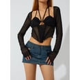 thumbnail image 3 of VISgogo, blusas cortas para mujer, camisas ajustadas huecas de corte bajo con cuello Halter de manga larga de malla de Color sólido para mujer VISgogo  moda, 3 of 9