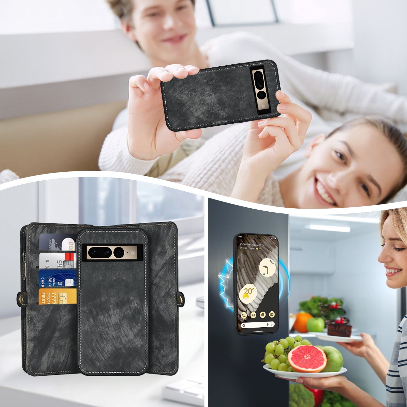 Asuwish Compatible with Google Pixel 7 Pro 5G Phone Case Zipper Wallet Detachable Tempered Glass Screen Protector Strap Flip Card Holder Cell Cover for Pixel7Pro Pixel7 XL Seven 7Pro 6.7 Women Black