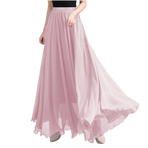 Npasoilc Maxi Skirt for Women Solid Color High Waist Elastic Waistband Multi Layer Beach Half Skirt