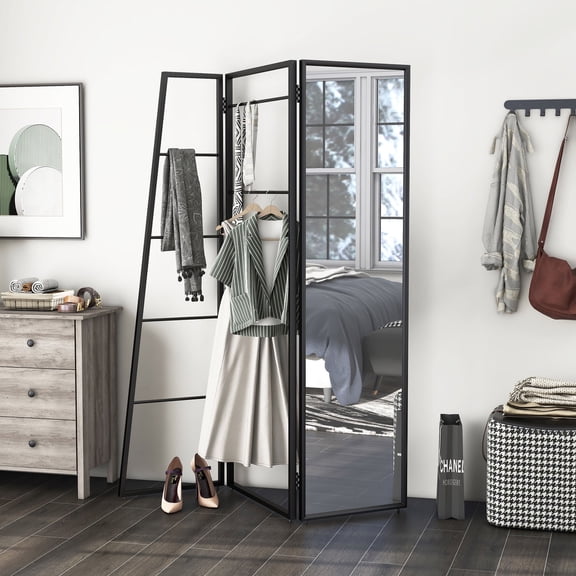 Ravvi Tri-Fold Metal Coat Stand with Mirror, Black