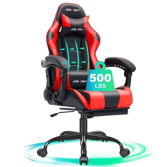 JONPONY Big and Tall 500LBS Gaming Chair, Ergonomic Design, Gamer Chair PU Leather with Footrest and Lumbar Support, High Back Office Chair Support, Long Sitting Computer Chair, Red