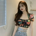 thumbnail image 5 of Women's Short Sleeve Square Neck Floral Tee Shirt Retro Crop Top, 5 of 5